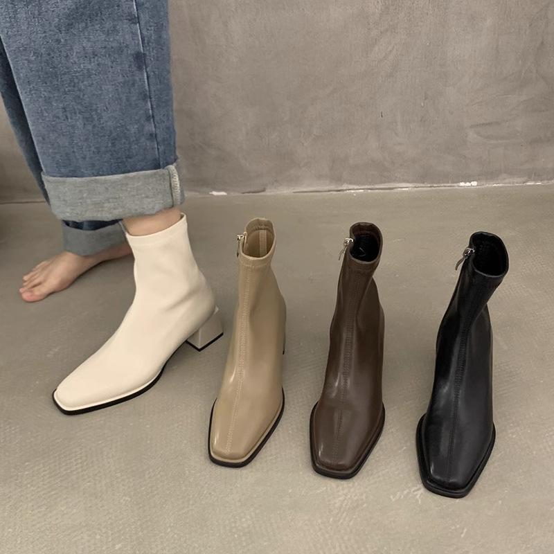 High Heel Square Head Elastic Skinny French Short Boots Women's Shoes Season Brown Martin Boots Single Boots
