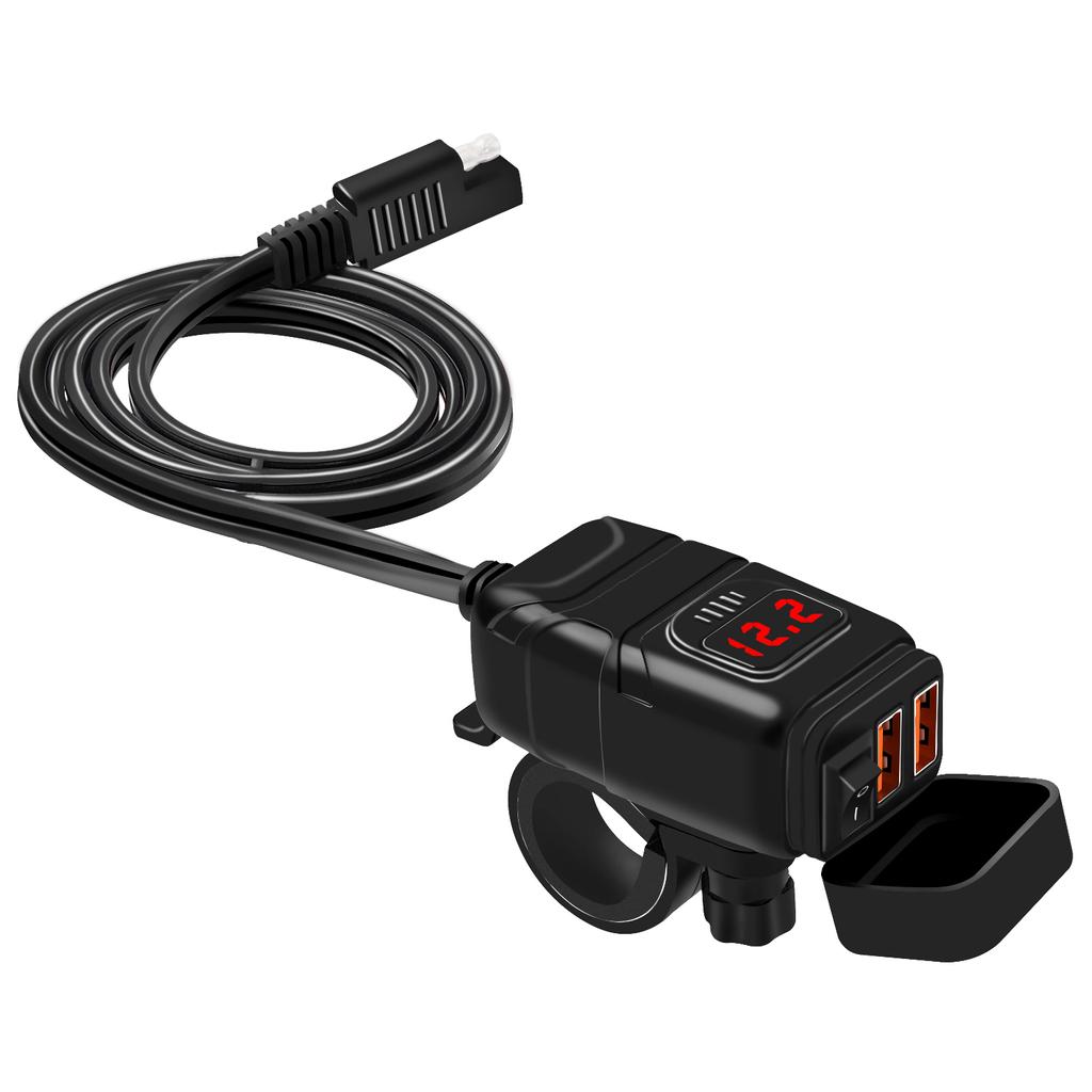 Motorcykel USB Telefonladdare, Vattentät Dubbelport QC3.0 USB Snabbladdare med 12V Voltmeter och På/Av Strömbrytare & 10A Säkring, SAE Till USB Adapter
