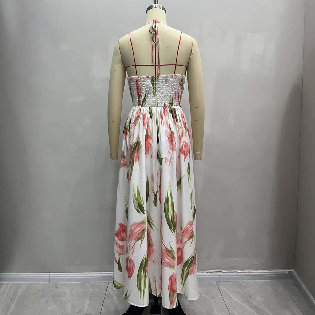 European and American Foreign Trade Spring and Summer Seaside Romantic Vacation Style Women's Clothing, Printed V-neck Backless Waist Elegant A-word