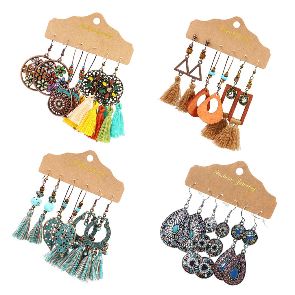 

12 пар женских богемных геометрических этнических серег из сплава ручной работы, серьги-капли с длинной кисточкой, серьги-крючки, свадебные подвески