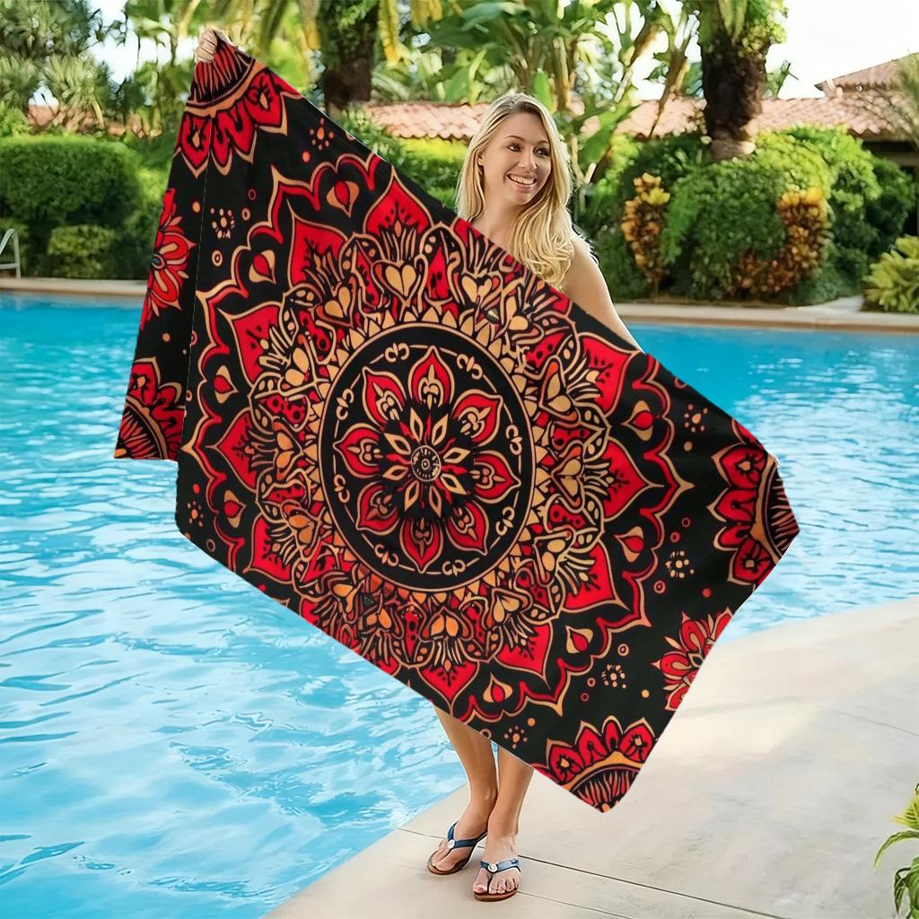 Bunt gemustertes Schwarz-Rot Mandala Strandtuch Groß Schnelltrocknendes Handtuch Geeignet für Strand Pool Yoga Handtuch Sommergeschenk für Freunde