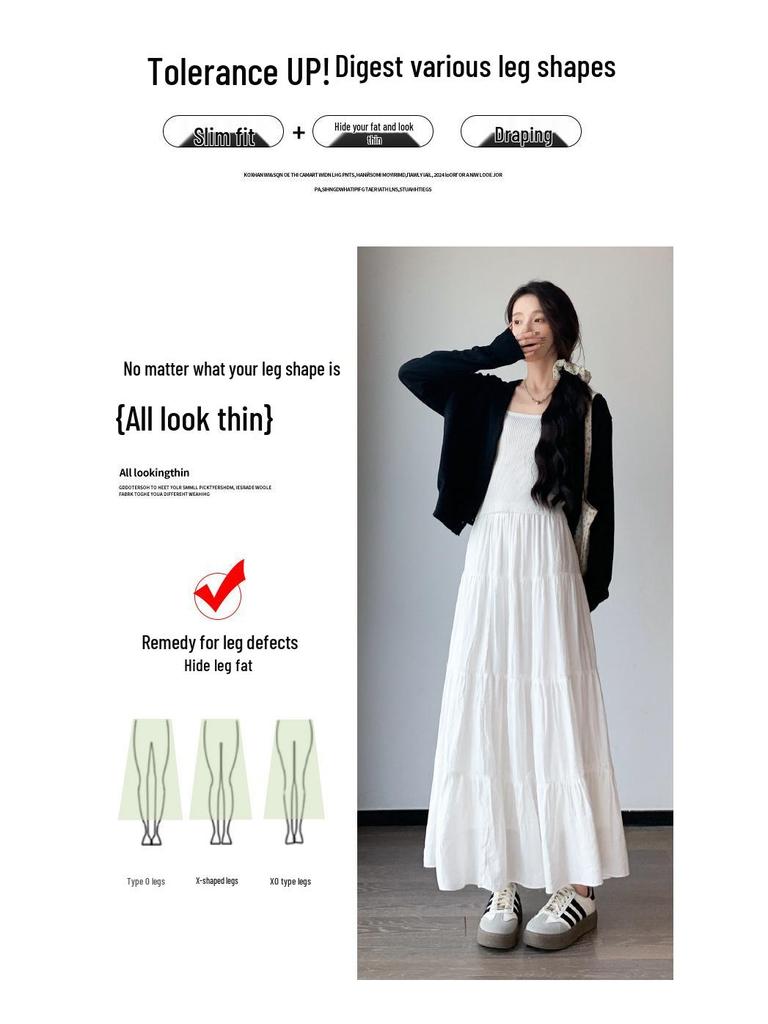 White A-line High Waist Pleated Long Skirt for Women - Spring/Summer 2026 Slimming Petite Layered Umbrella Design