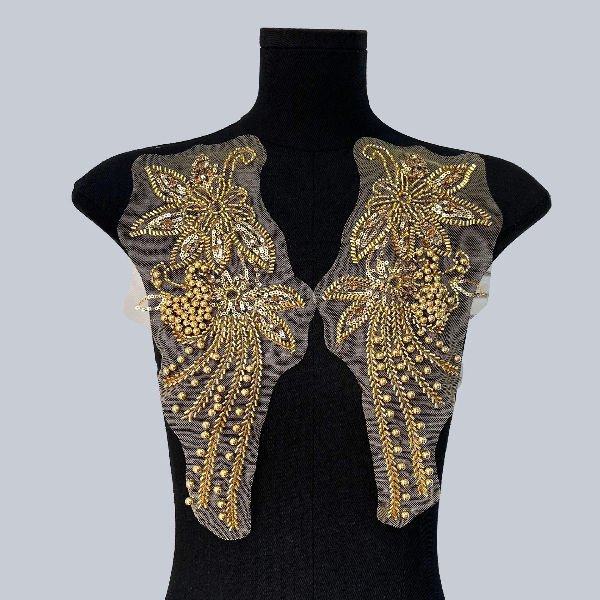 

Тяжелая промышленность Золотая сетка Бисер Пайетки Цветок Тканевая наклейка Изысканное украшение платья юбки DIY Аксессуары Аксессуары для одежды H8050 pair of golden beads