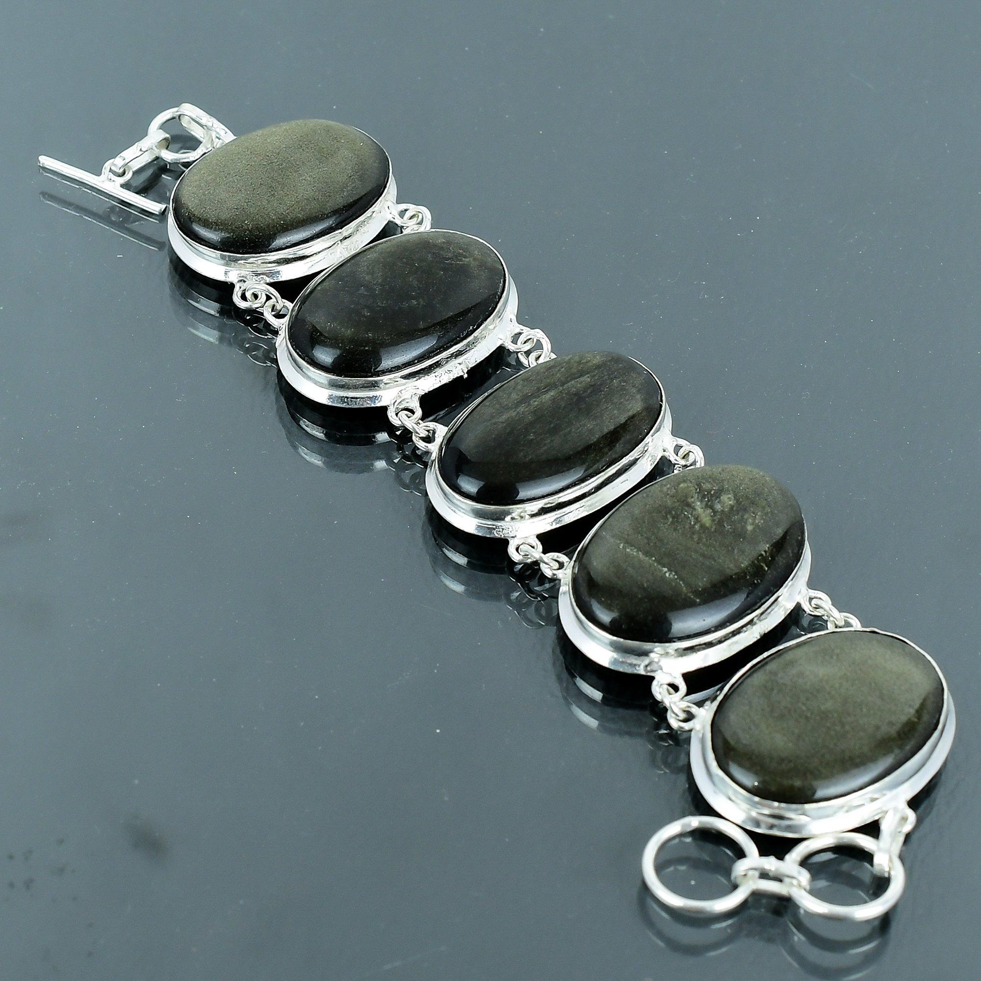 

Ювелирный браслет из стерлингового серебра 925 пробы с золотым обсидианом и подвеской 7-8 дюймов