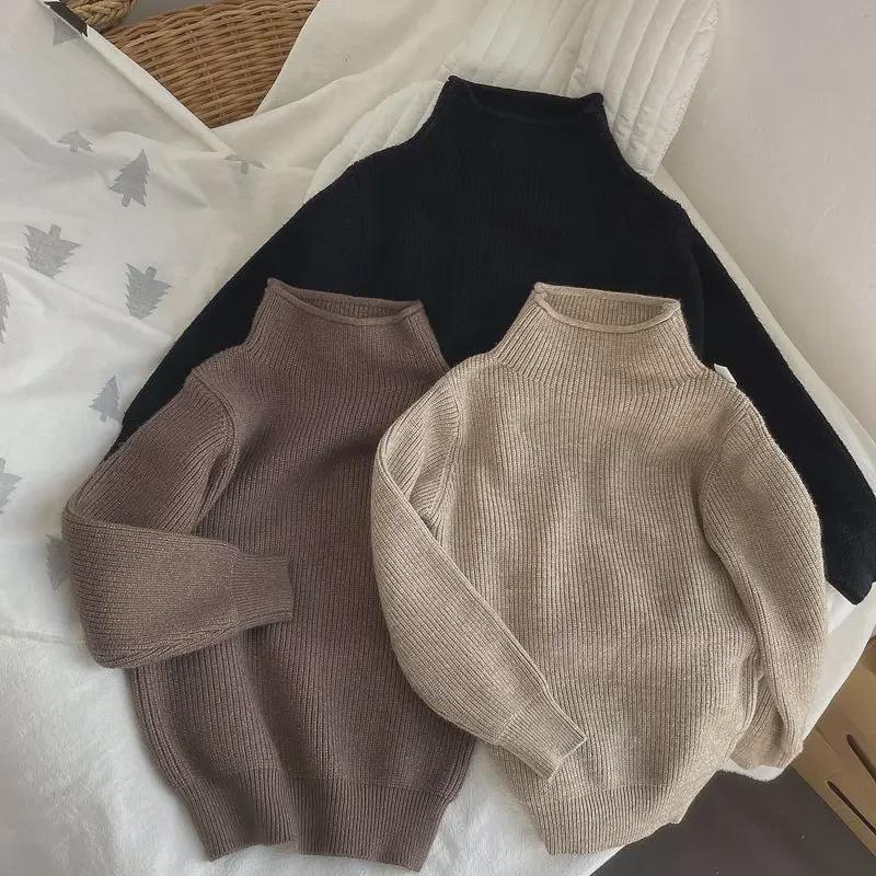Ready Stock: Korean Kids' Half-High Collar Solid Color Knitted Pullover for Boys & Girls - Spring/Autumn