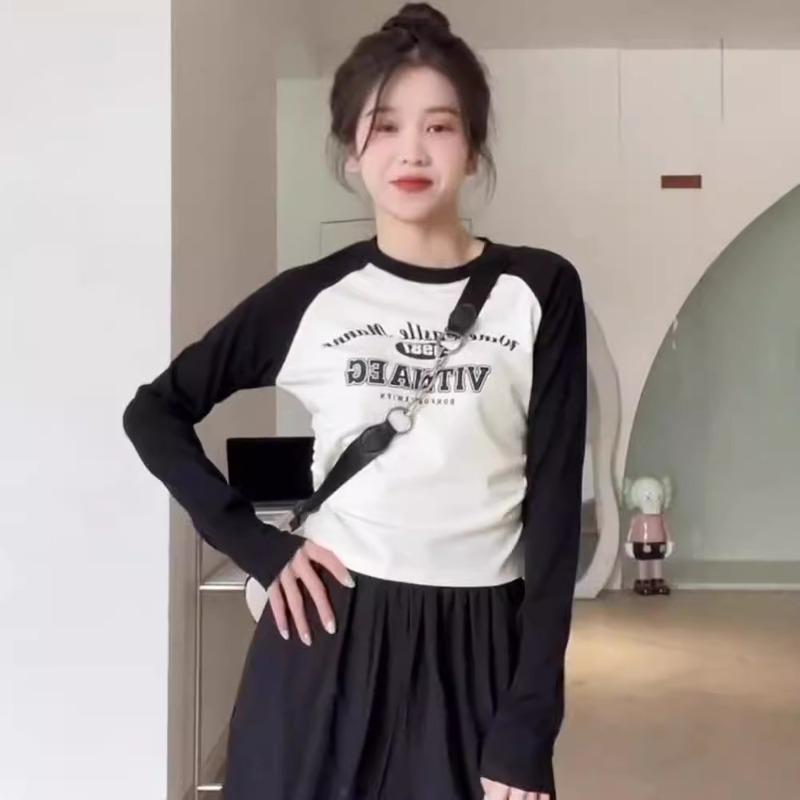 Spring Niche Shoulder Sleeves Contrasting Color Shirt Women's Waist Pleated Top Personalized Printing Bottoming Long Sleeves