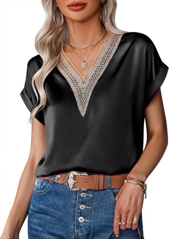 2026 Elegant Lace V-neck Solid Color Short Sleeve Women's T-shirt