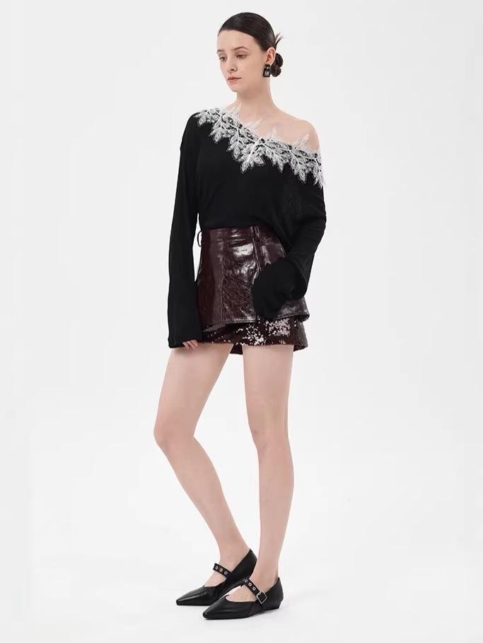 Niche Design Sequin A-line Wine Red Leather Skirt 2026: Women's Slimming Spring/Summer Fashion