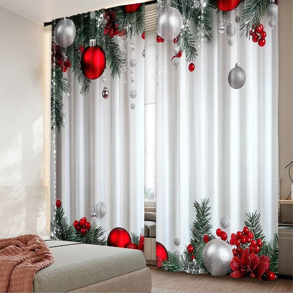 

Set Of 2 Flat Printing Christmas Hot Curtains Festiveornaments Scopic Stylish Polyester Fiber Festive Use Made W100*H70(CM)-Hooks&2PCS