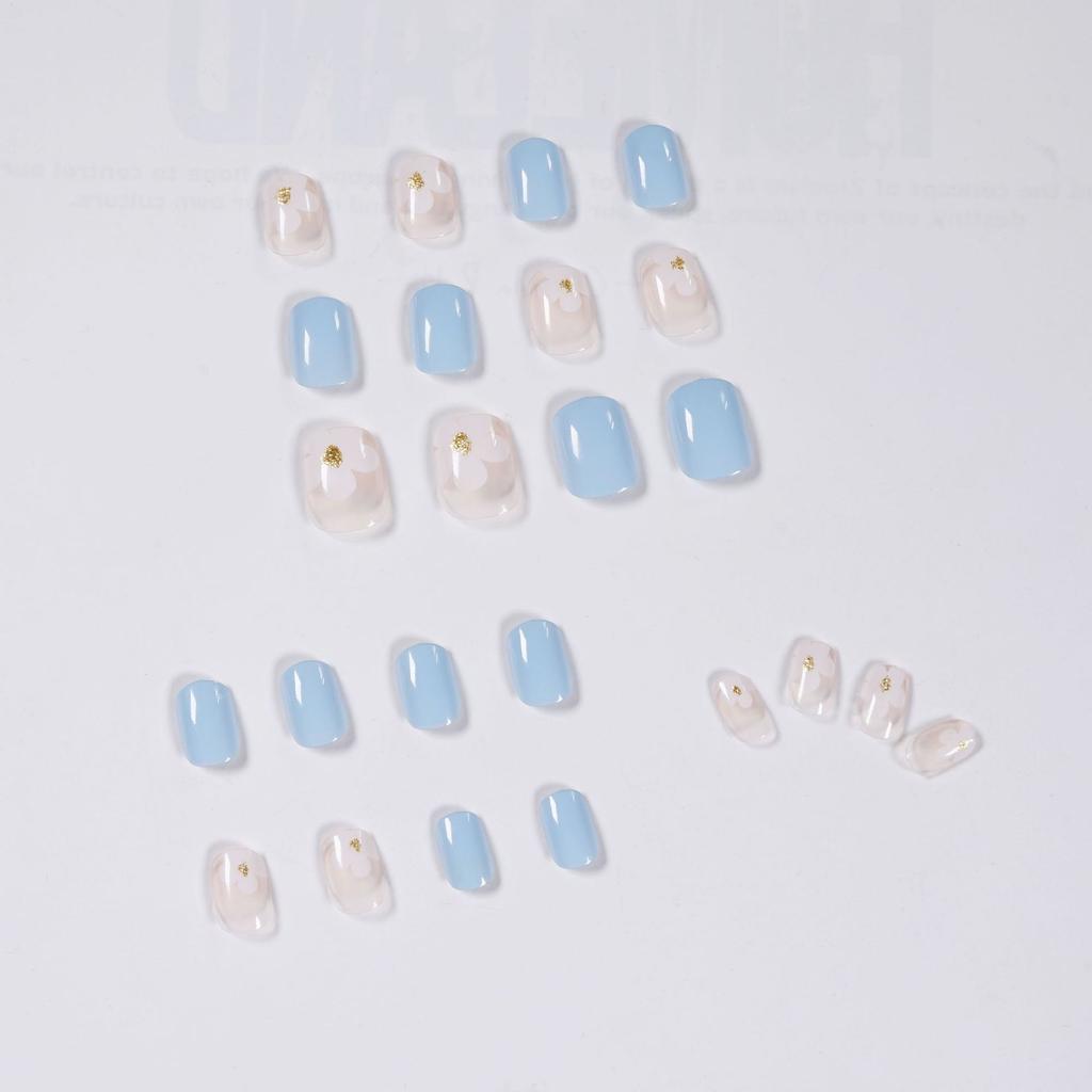 Simple light blue cute wearing nail short gold glitter flower manicure fake nail nail piece