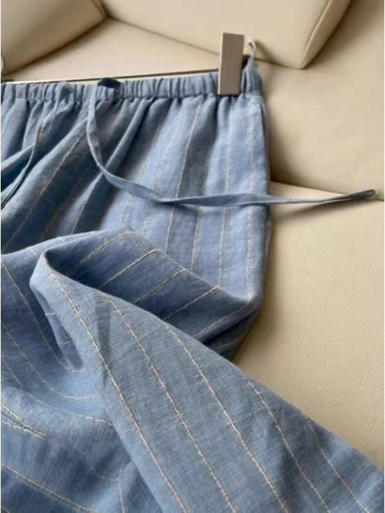 

Highly Recommended! Women s Blue Striped Linen Wide-Leg Pants, Summer Style, Comfortable, Versatile, Elastic Waist, Casual Long Pants Small
