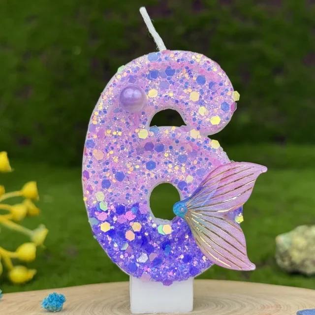 Purple Mermaid Tail Glitter 0-9 Number Candle Birthday Party Candle for Girls Cake Decoration Fish Tail Wedding Boys Girls Gifts