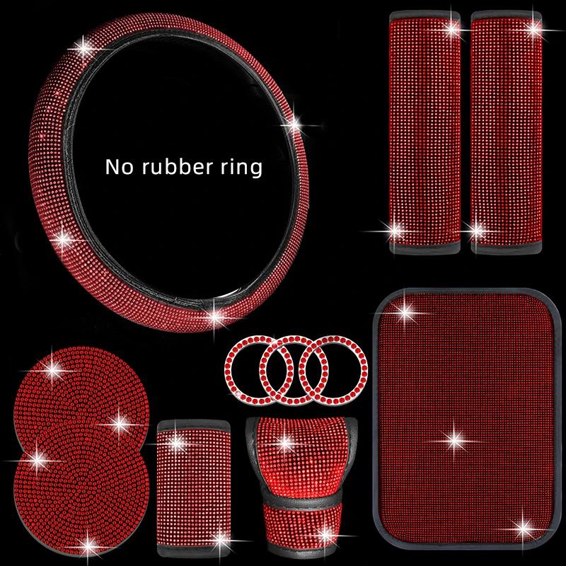 Car Accessories Set 11Pcs Women Bling Fit Steering Cover Gear Shift Pull Cover Armrest Shoulder Pad Coasters Start Stop Stickers