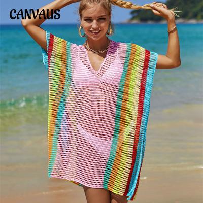 Übergröße Sommer Damen Strand Cover Up Aushöhlen Strick Regenbogen Urlaub Bikini Außen Cover Up Sonnenshirt