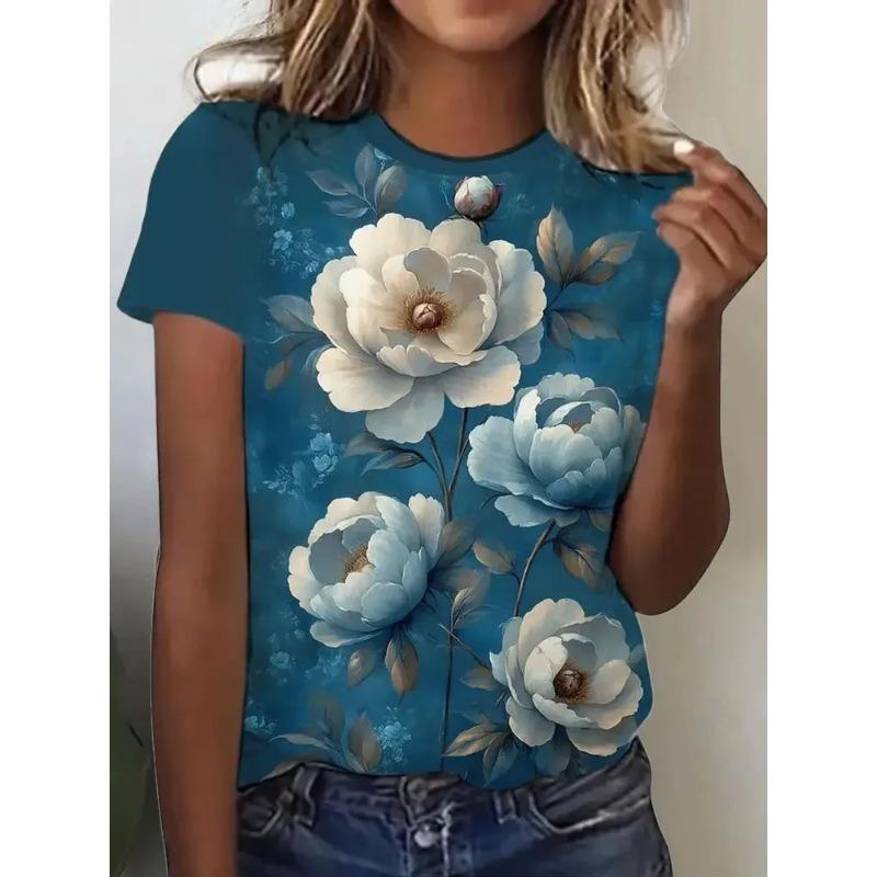 Summer Short Sleeved Loose Casual Women's T-shirt Beautiful Flower Pattern Fashionable Daily Comfortable T-shirt