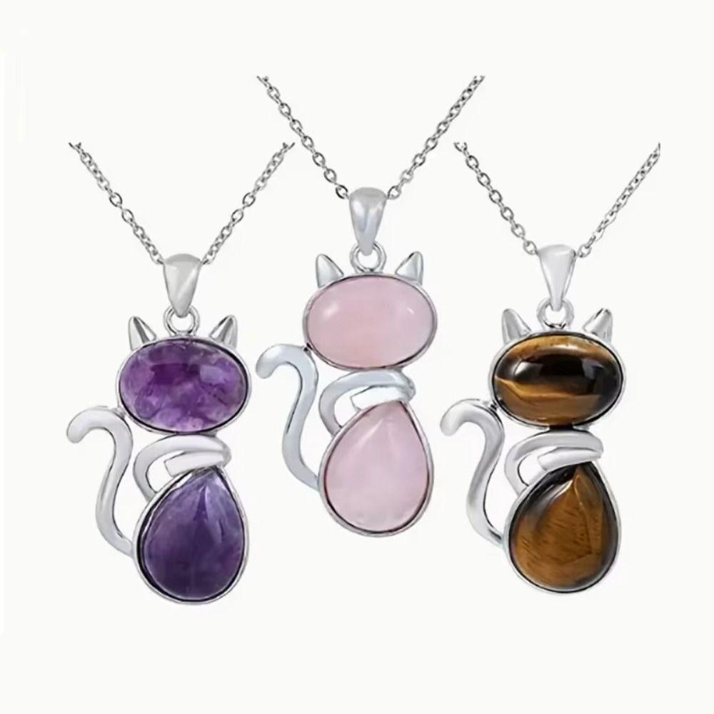 Pink Purple Stone Pendant Cute Shape Cat Jewelry Necklaces Daily Wear Cat Necklaces  Pet Lovers