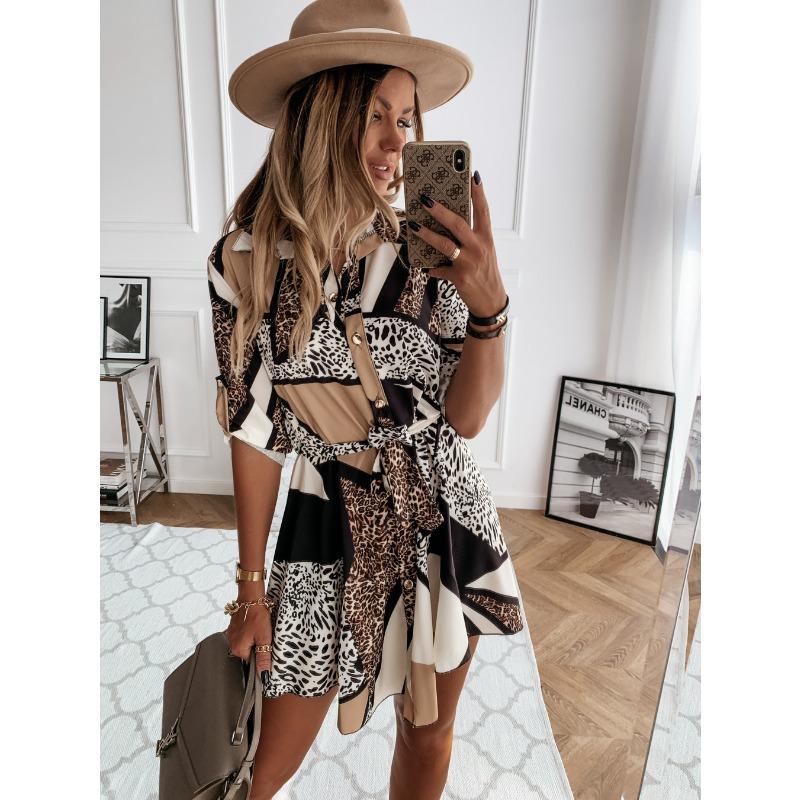 JKASHDK Women's Fashion Summer Spring Leopard Print 1/2 Sleeves POLO Neck High Waist Casual Dresses