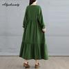 Korean Style Plus Size Spring Autumn Women Midi Dress O Neck Red Green Brown Burgundy Oversized Dress Lace Up Embroidery Cotton Dress