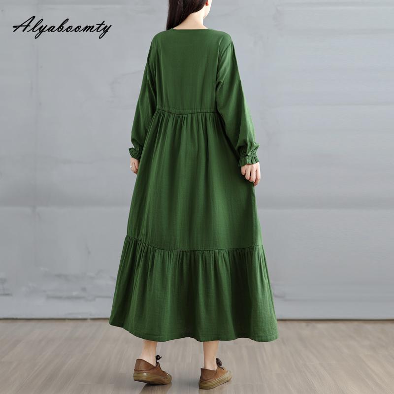 Korean Style Plus Size Spring Autumn Women Midi Dress O Neck Red Green Brown Burgundy Oversized Dress Lace Up Embroidery Cotton Dress