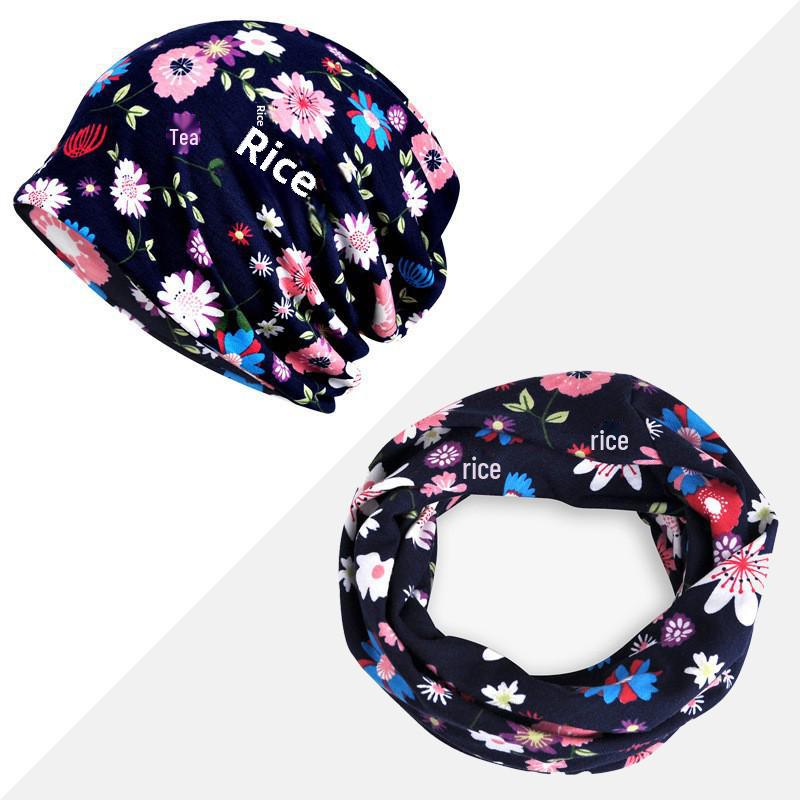 Women's Floral Print Cotton Pullover Hat and Scarf Set for Sun Protection