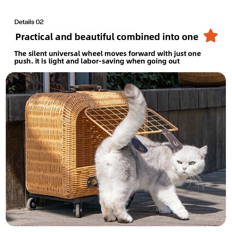 Tragbare Katzentransportbox Stilvoller Haustier-Rollkoffer Große Kapazität Geflochtene Haustier-Reise-Atmungsaktive Trolley-Box für Katzen & Kleine Hunde