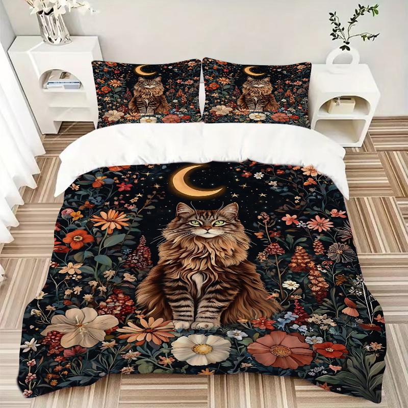 3pcs Domineering Cat & Flowers Bedding Set, Including Without Filling, Soft and Comfortable Home Bedroom M050