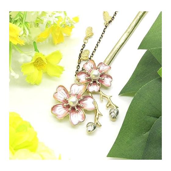 [Miaomyao] Haarstab Kanzashi - Japanisches Haaraccessoire für Kimono, Yukata und formelle Anlässe - Perle, Kirschblüte, Gold - Eleganter Haarstab