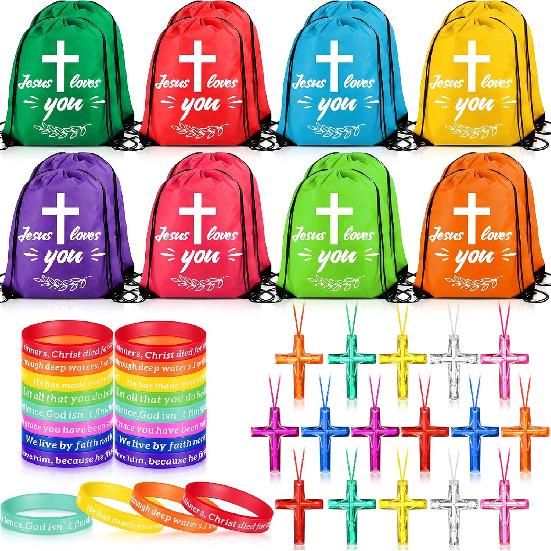 48 Pcs Bible Verse Party Favors Includes 16 Jesus Loves You Drawstring Backpack 16 Bible Verse Bracelets 16 Cross Necklaces for Operation Christmas