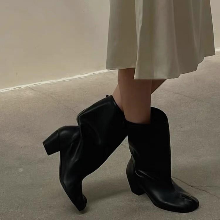 New leather thick heel split-toed boots for women wear wide tube pig's trotters Chelsea boots Martin boots short boots