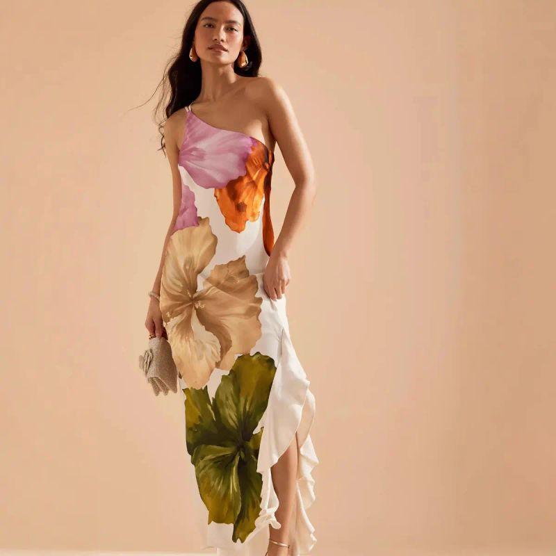 

2025 Европейское и американское весеннее платье с принтом, с открытыми плечами, повседневное, для отпуска, свободного кроя, повседневное Print S