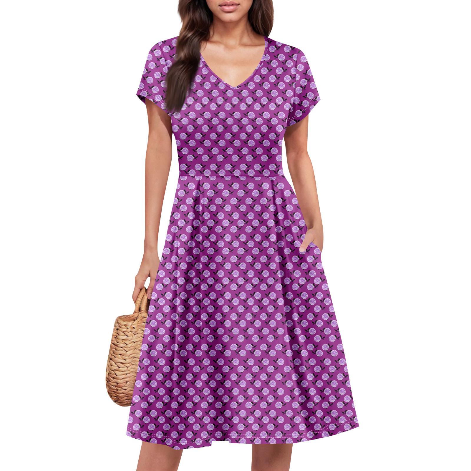 

Женское летнее платье с коротким рукавом и V-образным вырезом, короткие платья, модное повседневное струящееся платье-халат с карманом XXL фиолетовый