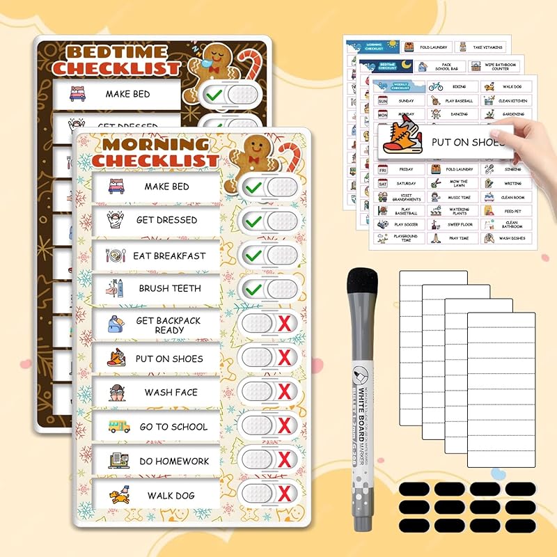 Upgraded Slider Morning/Bedtime Routine Chart for Kids Toddlers - Magnetic Kids Chore Chart for 2 Kids, Dry Erase Chore Chart for Kids, Visual