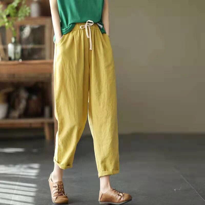 Spring Summer Cotton Linen Pants Women Solid Color Casual Ankle-length Pant Woman Lace-up Waist Loose Trousers