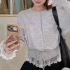 Red lace splicing sweater women's autumn and winter design waist knitted cardigan small short top