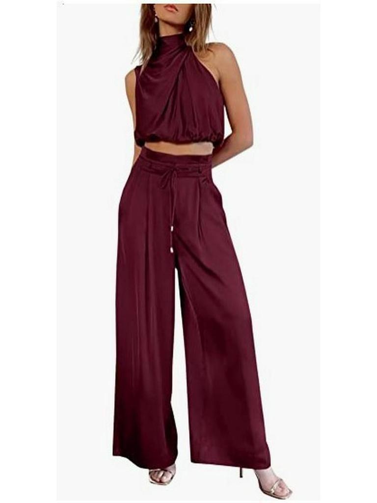 Damen Ärmelloses Stehkragen Crop Top & Weitbein Hose Set