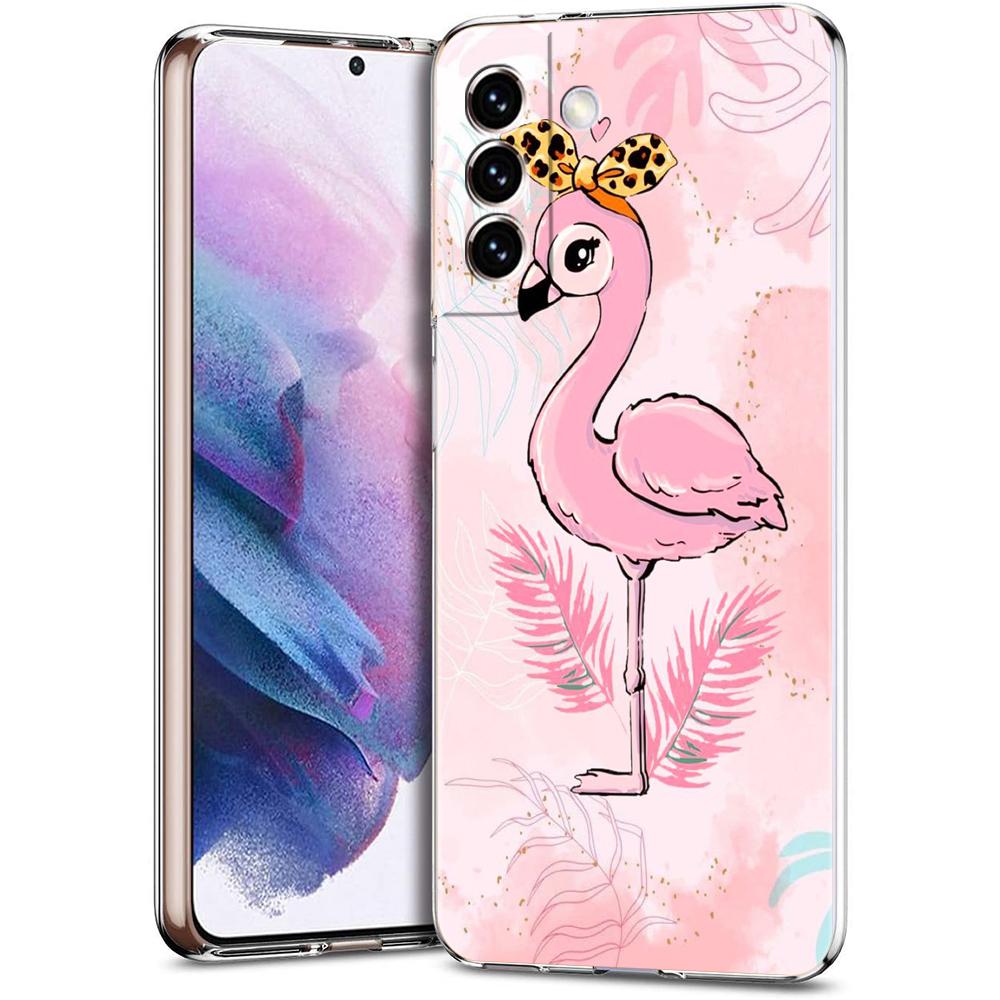 Phone Case For Samsung Galaxy S24 Ultra S23 FE S22 S20 S21 5G S10 S9 Plus S10E S8 Soft Clear Lovely Pink Flamingos Leaf Cover