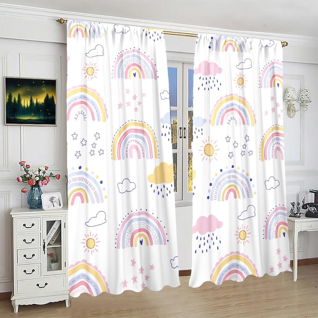 Set Of 2 Lovely Rainbow Print Curtain Polyester Nursery Decor Curtains Light Blocking Made With Rod Pocket