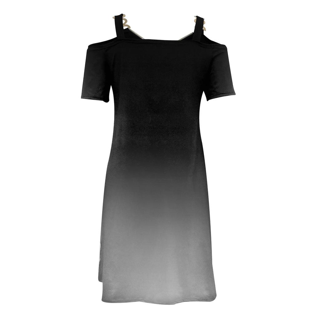 Women Casual Sling Off Shoulder Short Sleeve Zipper V-neck Gradient Color Dress