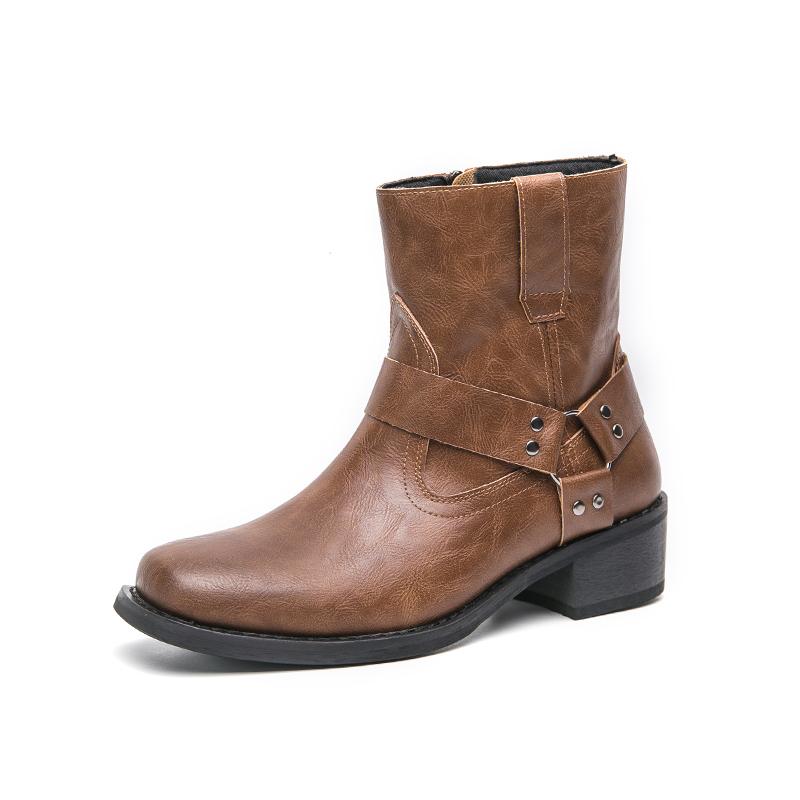 Men's Leather Chunky-Heeled Ankle Boots  Side Zipper Outdoor Casual Walking Boot  Anti-Slip Business Boots For Autumn And Winter