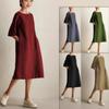 Women's Fashion Casual Crew Neck Medium Sleeve Cotton and Linen Pocket Dress