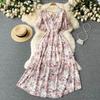 Vestido Longo de Chiffon Floral Boêmio Feminino Decote V Manga Flare Costas Abertas com Cintura Franzida Elegante Fluido para Noite de Encontro Brunch Passeios Casuais
