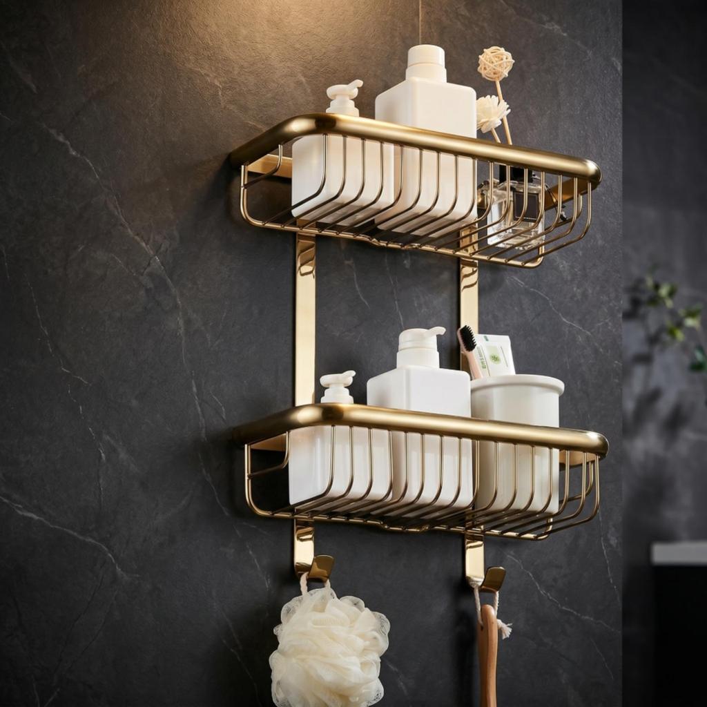 Lavatory Rack with Wire Baskets Brushed Wall Storage Basket SpaceSaving WallFixed Shower