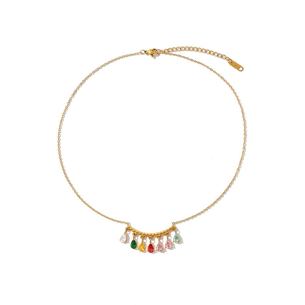 18K Gold Titanium Stainless Steel Zircon Necklace with Colorful Diamond Tassel Pendant - Waterproof