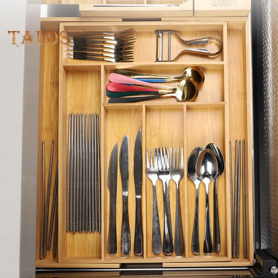 Verstellbarer Besteckkasten aus Bambus, Aufbewahrungsregal, ordentlicher, eleganter Küchenschubladen-Organizer, Wohnaccessoires