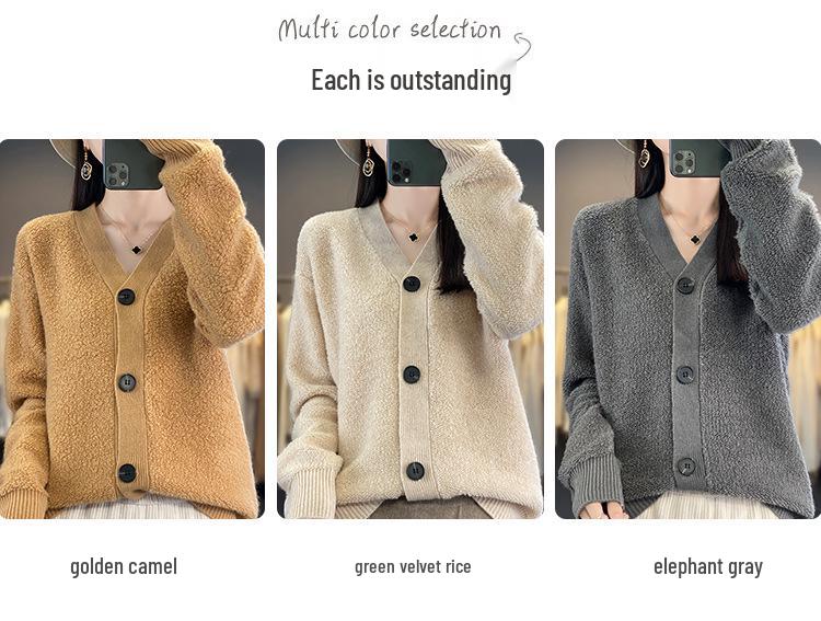 Women's Korean Style 100% Wool V-Neck Cardigan - Loose, Fashionable, Slimming Sweater