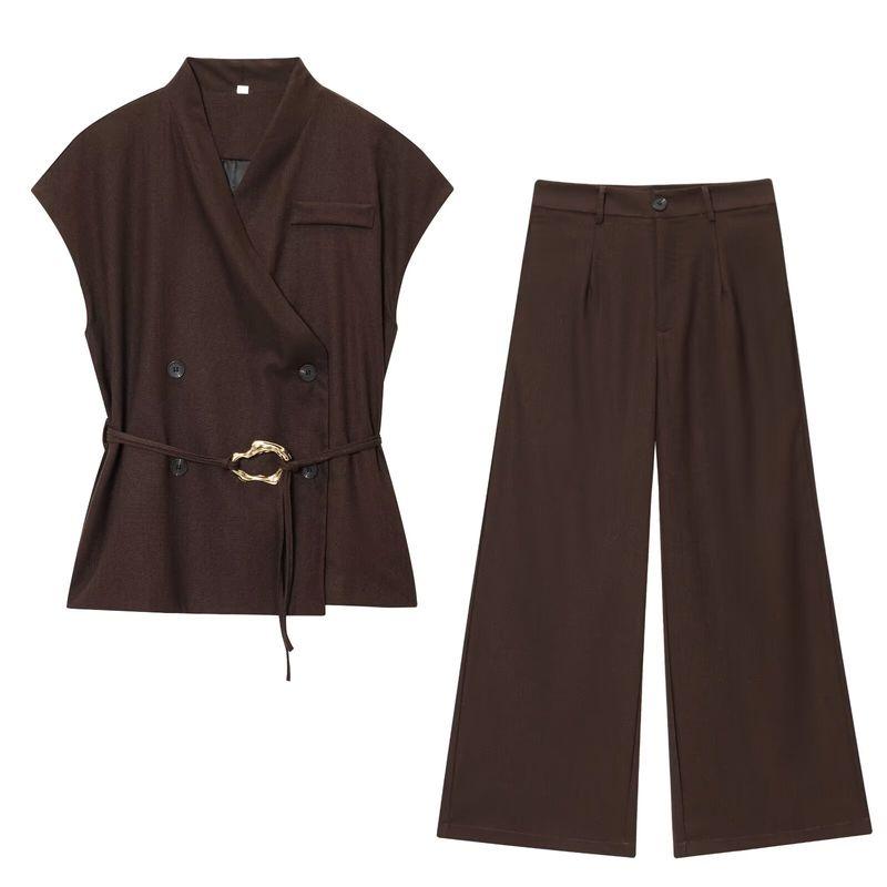 Kaslead New Women clothes Western Style Fashion Gold Buckle Decoration Top Casual Trousers Set