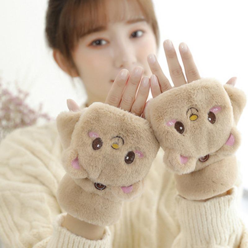 Cute Rabbit Fur Knit Mittens Plush Fingerless Gloves Flip Half Finger Driving Glove Winter Soft Warm Thick Gloves for Women Girl