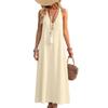 Women’s Summer Sleeveless V Neck Backless Dress with Pockets Cotton Linen Casual Sun Dress for Daily Wear Beach Holiday