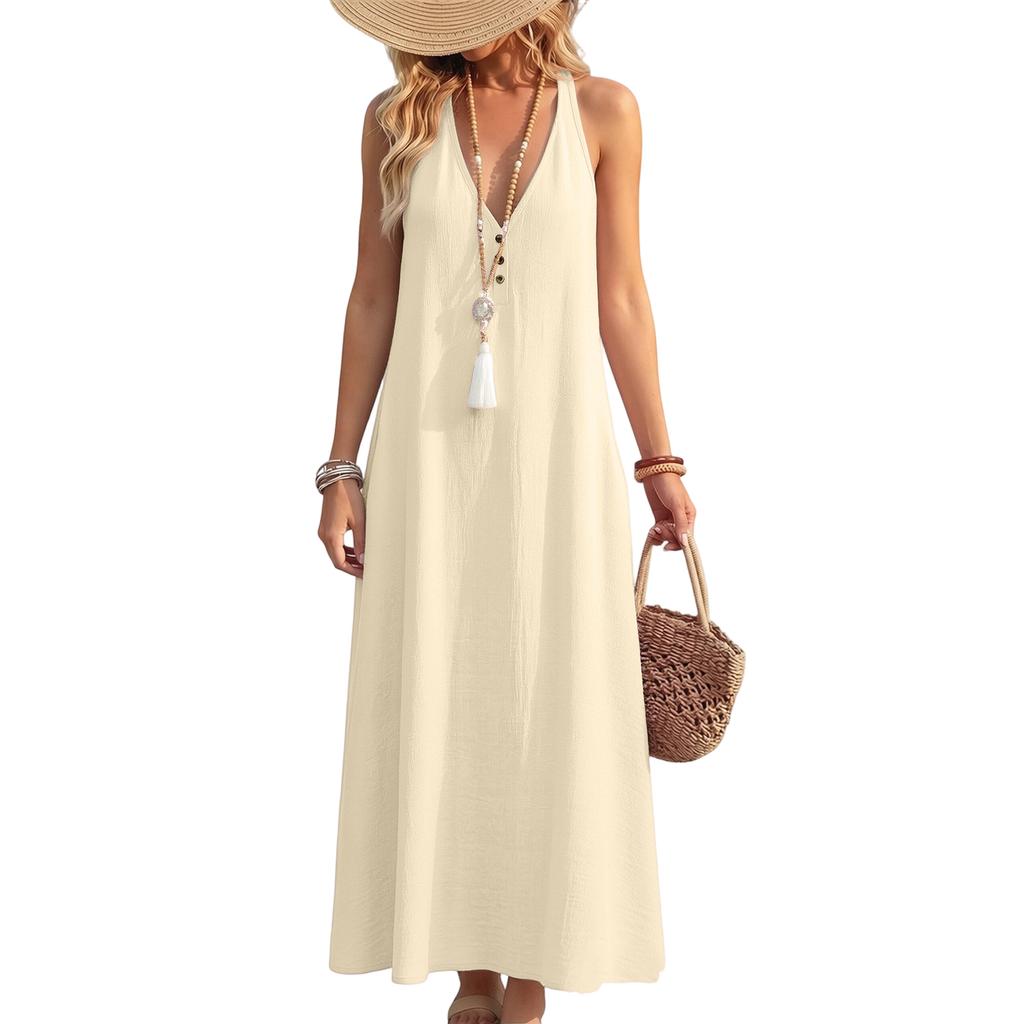 Women’s Summer Sleeveless V Neck Backless Dress with Pockets Cotton Linen Casual Sun Dress for Daily Wear Beach Holiday