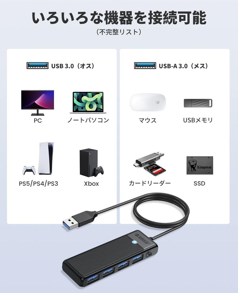 ORICO USB 4 Compact and 5Gbps USB Hub Expansion for Mac iPad and Remote Work from 100cm Cable 3.0 Hub, Ports, Bus-Powered, Lightweight, High-Speed